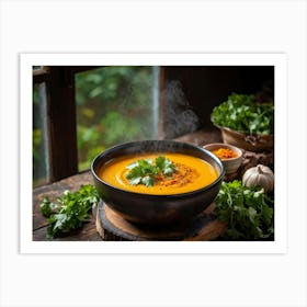 Autumn Pumpkin Curry Soup Steaming In An Earthenware Bowl Vibrant Orange Against Dark Green Lettuc (6) Art Print