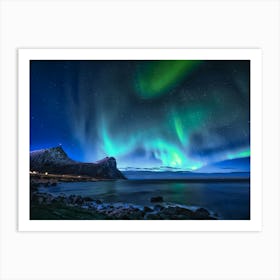 Green Aurora Lights Over Rocky Shore During Night Time Art Print