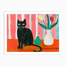 Black Cat With Tulips 4 Art Print