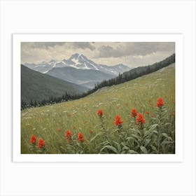 Vintage Oil Painting of indian Paintbrushes in a Meadow, Mountains in the Background 4 Art Print
