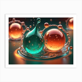 An Abstract Image Of Colorful, Transparent Liquid Spheres Interacting And Creating Splashes On A Reflective Surface Art Print