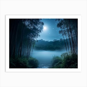 Midnight Landscape Showcasing Dense Bamboo Under A Star Filled Sky Bathed In The Soft Glow Of Moonl Art Print