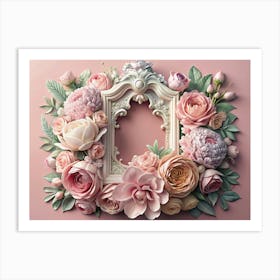 Floral Frame With Pastel Pink Roses And Ornate White Frame 1 Art Print