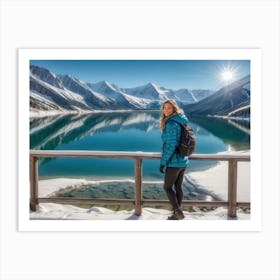 Woman trekking at snowy winter Alps, Rocky Mountains 1 Art Print