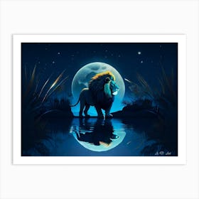 A Male Lion At Full Moon Night By The Water Minimal Color Art Paintimg Art Print