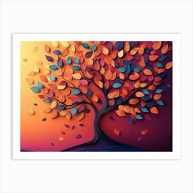 Colorful Tree With Leaves On Hanging Branches Illustration Background Art Print