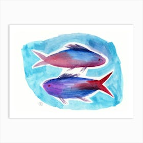 Fishes - watercolor painting hand painted blue red teal fish kitchen living room illustration Art Print
