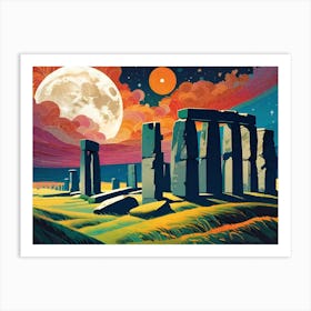 Moon Over Stonehenge ~ England Somerset Ancient Standing Stones Pagan Druid Futuristic Sci-Fi Trippy Surrealism Modern Digital Mandala Awakening Fractals Spiritual Artwork Psychedelic Colorful Cubic Abstract Universe Art Print