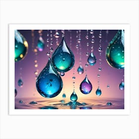 Sparkling, Colorful Water Drops Hang Suspended In Mid Air Against A Gradient Background, Reflecting Light And Creating A Sense Of Wonder Art Print