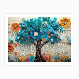 Turquoise Tree On Oak Wood Art Print