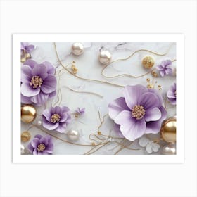 3d Purple Flowers, Gold Balls And Pearls On A White Marble Art Print