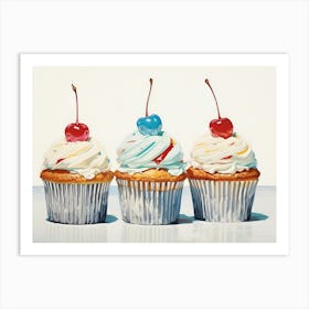 Three Cupcakes, Food, Dessert, Pastel Colors, Preppy Aesthetic, Trendy Art Print