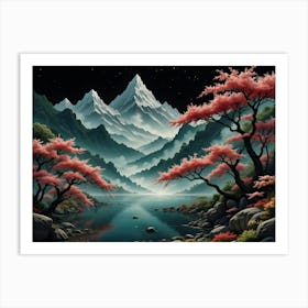 Cherry Blossoms In The Mountains Art Print