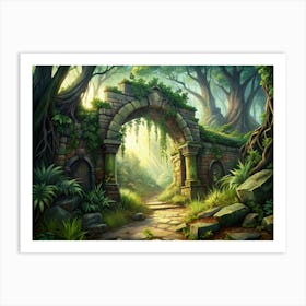 Ancient Stone Archway Leading Into A Lush Forest Art Print