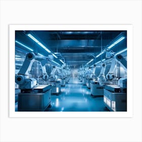 Ai Enhanced Factory Interior Illuminated By Soft Blue Light Robotic Arms Intricately Assembling Com (4) Art Print