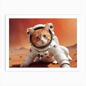 A Ginger Cat Wearing An Astronaut Suit, Posing On The Surface Of Mars Art Print