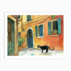 Black Cat In Vicenza, Italy, Street Art Watercolour Painting 3 Art Print