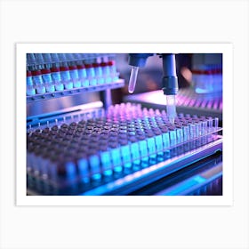 Robotic Arm Handling Test Tubes In A Laboratory Setting With Blue And Pink Lighting Art Print