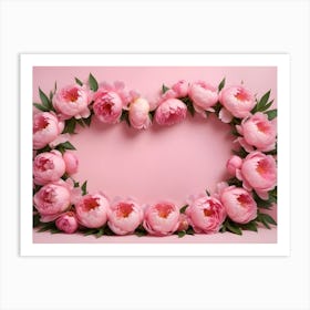 A Heart Shape Created By Pink Peonies With Green Leaves, Against A Pink Background Art Print