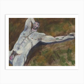 Male Nude On Pine Needles - adult mature homoerotic gay art man erotic Art Print