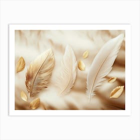 A 3d Drawing Artwork on A Silky Background with Golden Feathers and Leaves Art Print