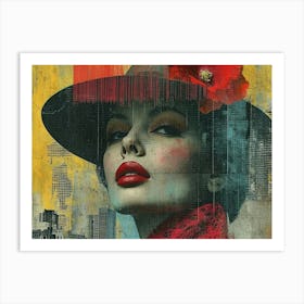 Typographic Illusions in Surreal Frames: Woman In Red Hat Art Print