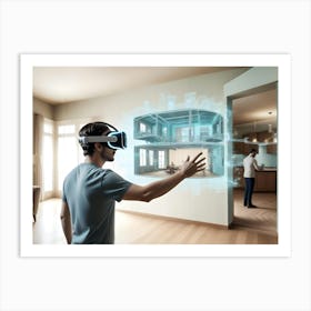 A Man Wearing A Vr Headset Interacts With A 3d Model Of A House Interior Art Print