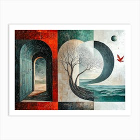 Abstract Oil Painting with Trees, Doors, Birds, Water - 1 Art Print