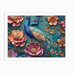 Elegant Leather Base Combines Bright Color Floral with Exotic Oriental Pattern Flowers and Peacocks 3 Art Print