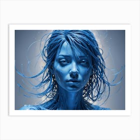 Blue Toned 3d Render Of A Woman S Face With Flowing Hair Made Of Abstract Shapes Art Print