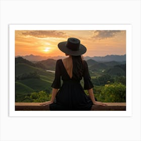 Evening View Of An Asian Woman Perched Solo On A Wooden Terrace Decked In A Summer Hat Her Black At (1) Art Print