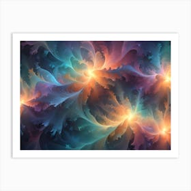 Abstract Background With Swirling, Feathery Forms In Shades Of Blue, Orange, And Pink Against A Dark Background Art Print