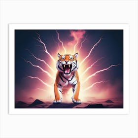 A Ferocious Tiger With A Powerful Roar Surrounded By Glowing Lightning Bolts Against A Dark, Stormy Background Art Print