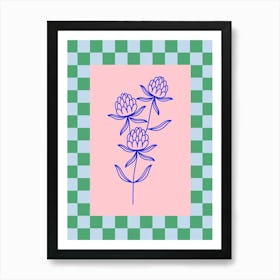 Modern Checkered Flower Poster Blue & Pink 16 Art Print