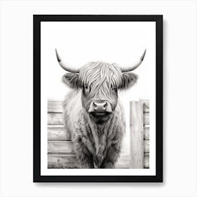Black & White Illustration Of Highland Cow In Front Of Wooden Fence Art Print