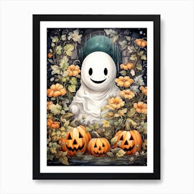 Cute Bedsheet Ghost, Botanical Halloween Watercolour 81 Art Print
