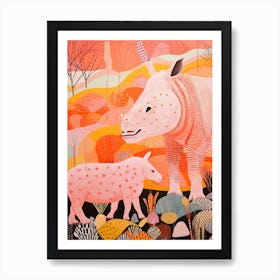 Two Abstract Pink & Orange Rhinos 2 Art Print