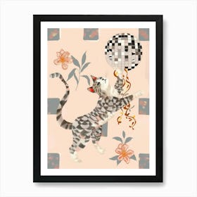 Disco Cat Checkerboard Floral Whimsical Illustration Dopamine Art Print