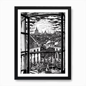 Window View Of Copenhagen Denmark   Black And White Colouring Pages Line Art 1 Art Print