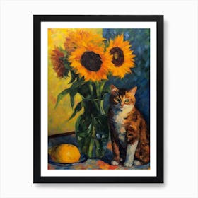 Flower Vase Sunflower With A Cat 4 Impressionism, Cezanne Style Art Print