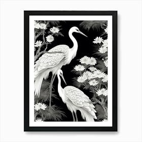 Black And White Cranes 2 Vintage Japanese Botanical Art Print