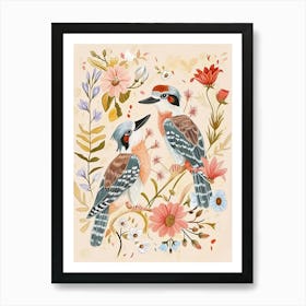 Folksy Floral Animal Drawing Kookaburra Art Print