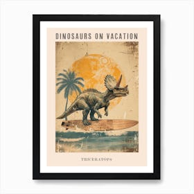Vintage Triceratops Dinosaur On A Surf Board 1 Poster Art Print