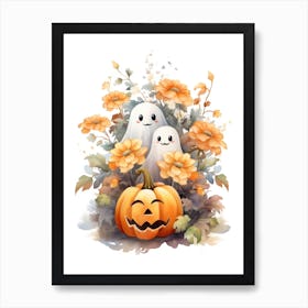 Cute Ghost With Pumpkins Halloween Watercolour 57 Art Print