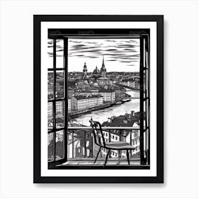 Window View Of Stockholm Sweden   Black And White Colouring Pages Line Art 3 Art Print
