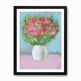 Floral On Blue And Pink - flowers painting vase red green vertical Anton Maliar Art Print