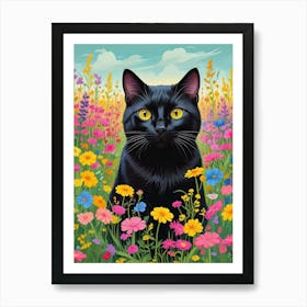 Quirky Cat In A Flower Field Art Print (6) Art Print