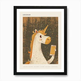 Unicorn With A Smart Phone Muted Pastels Mustard 2 Poster Art Print