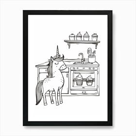 Unicorn Making Cupcakes Black & White Illustration Art Print