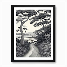 Iriomote Island In Okinawa, Ukiyo E Black And White Line Art Drawing 1 Art Print